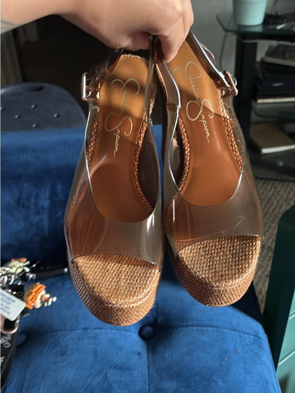 Jessica Simpson Clear PVC and Tan Woven Platform Wedges